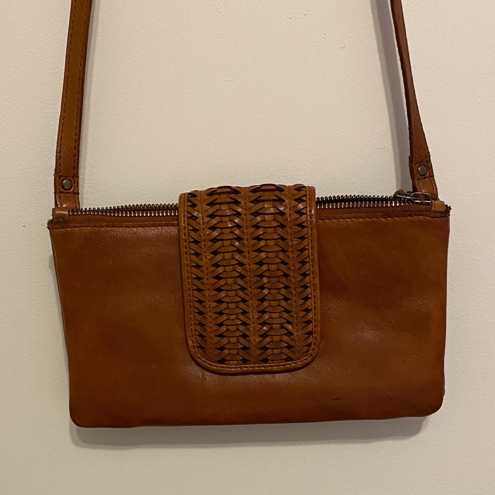 Vilenca Woven Detail Carmel Leather Crossbody Bag, normal wear